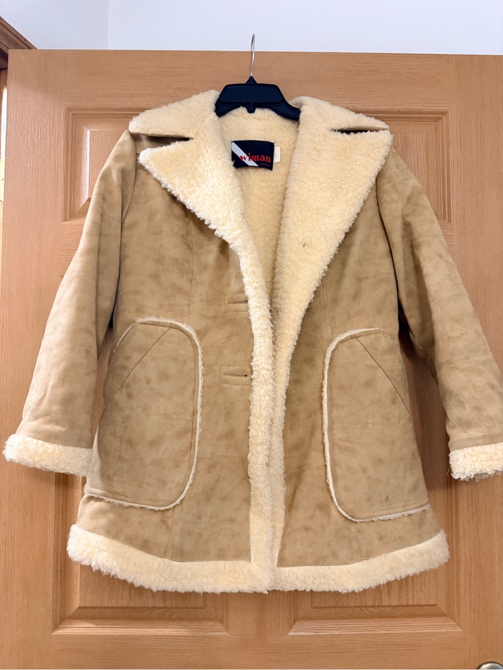 Vintage Wiman Tan Faux-Suede Shearling-Trim Pea Coat